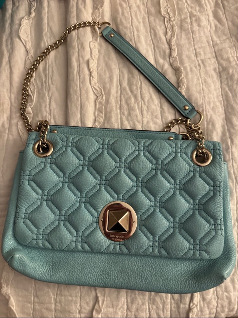 kate spade quilted leather shoulder bag in aqua with gold-tone hardware